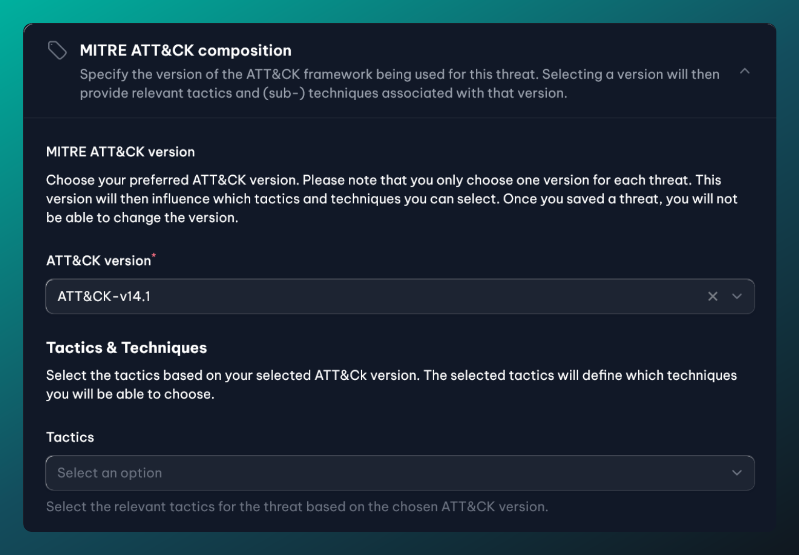 Composing a MITRE ATT&CK based threat in vucavoid. Techniques not visible as a tactic needs to be selected first.