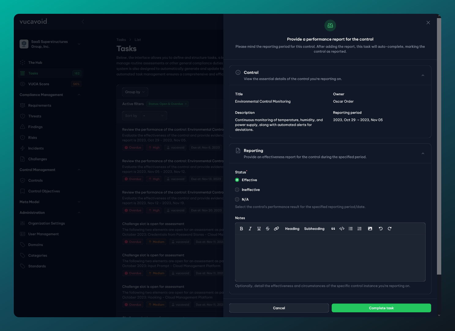 View for a control performer to directly report on a control's performance from his task management. It is possible to attach evidence here or the even require it (demo data).