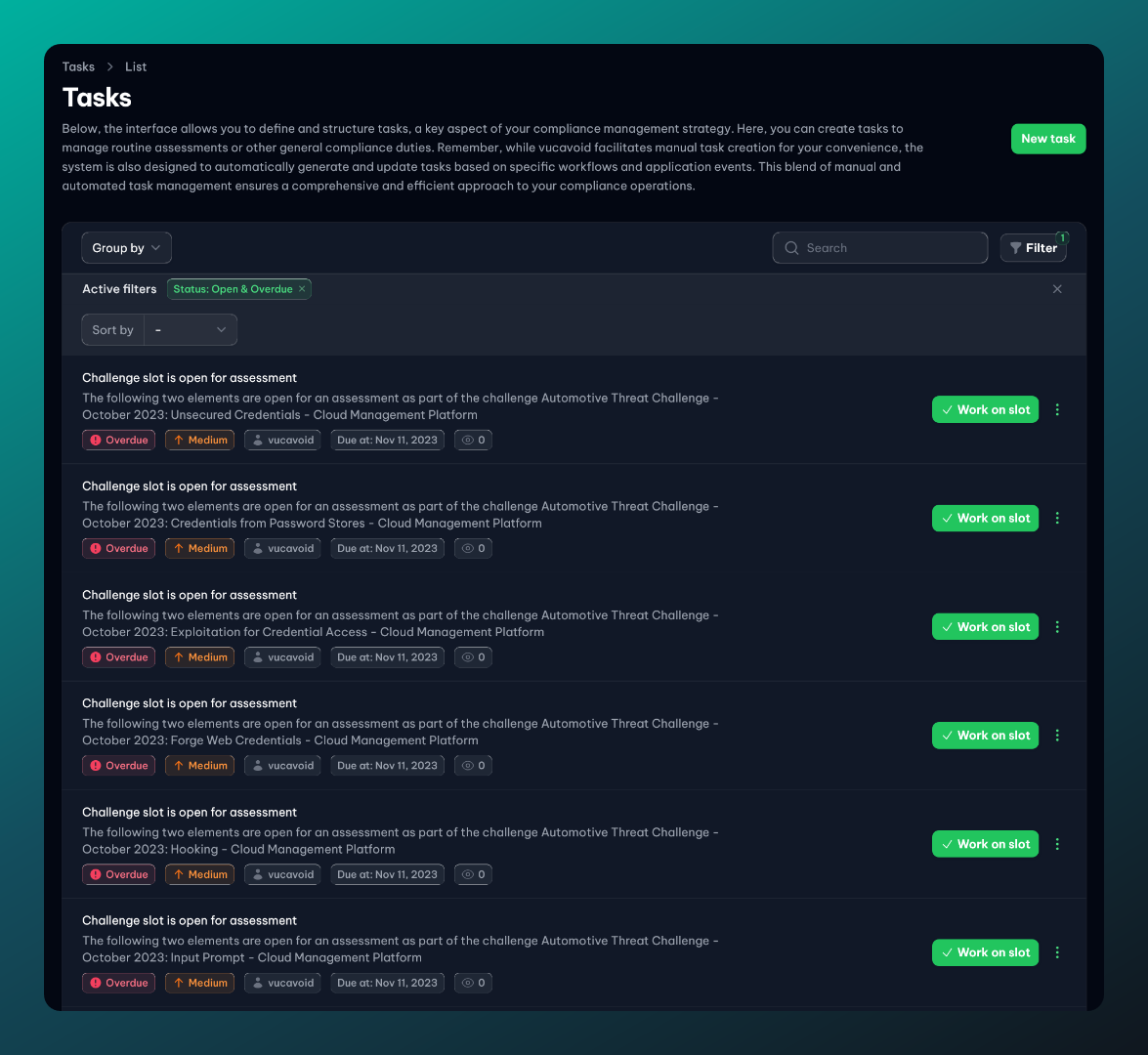 Exemplary view on tasks, in this case automatically generated tasks by vucavoid to work on a challenge (demo data).