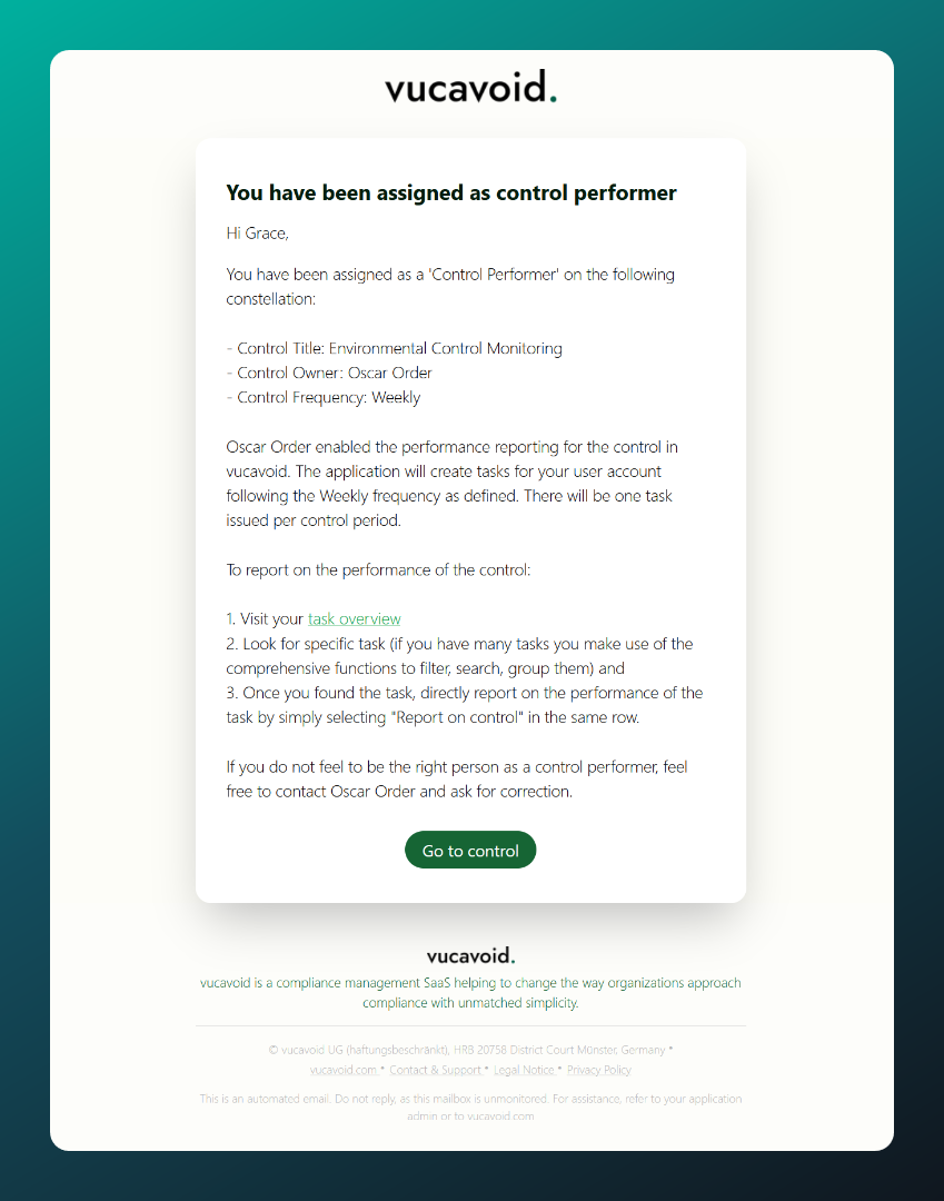Examplary notification via email telling the user about an assignment for a control as the 'control performer' (demo data).