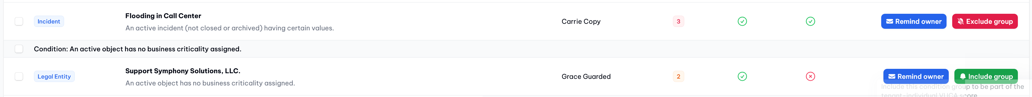 VUCA score: Exemplary conditions, contributing 5 points in total to the organization's Official VUCA score and 3 points to the tenant-specific VUCA score based on the tenant-specific in-/exclusion settings (demo data).