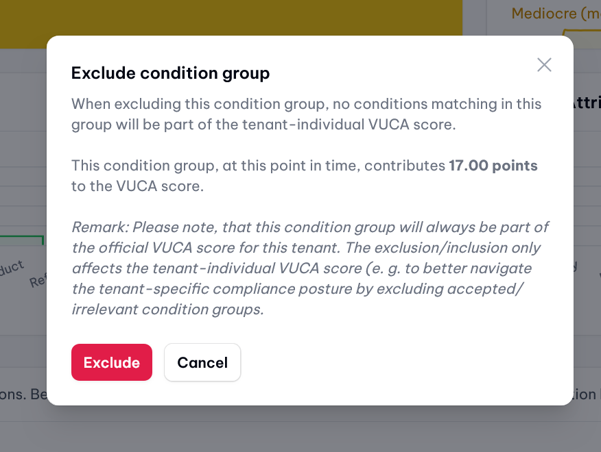 VUCA score: Exclusion of a condition group from the tenant-specific VUCA score (demo data).