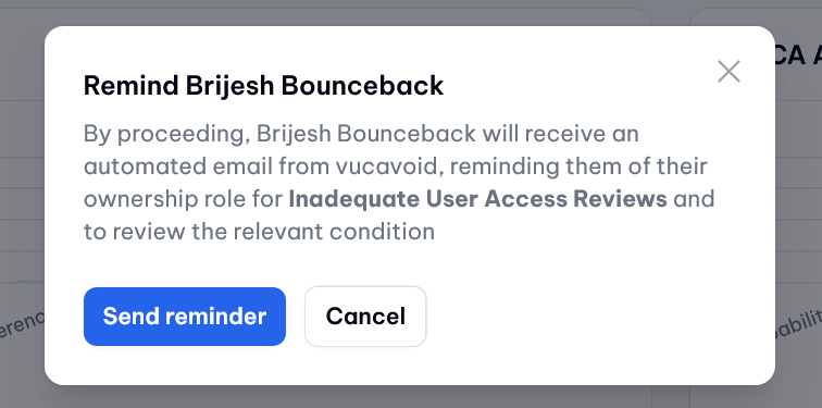 VUCA score: Modal window for confirming to send a reminder email to the owner of the underlying entity.