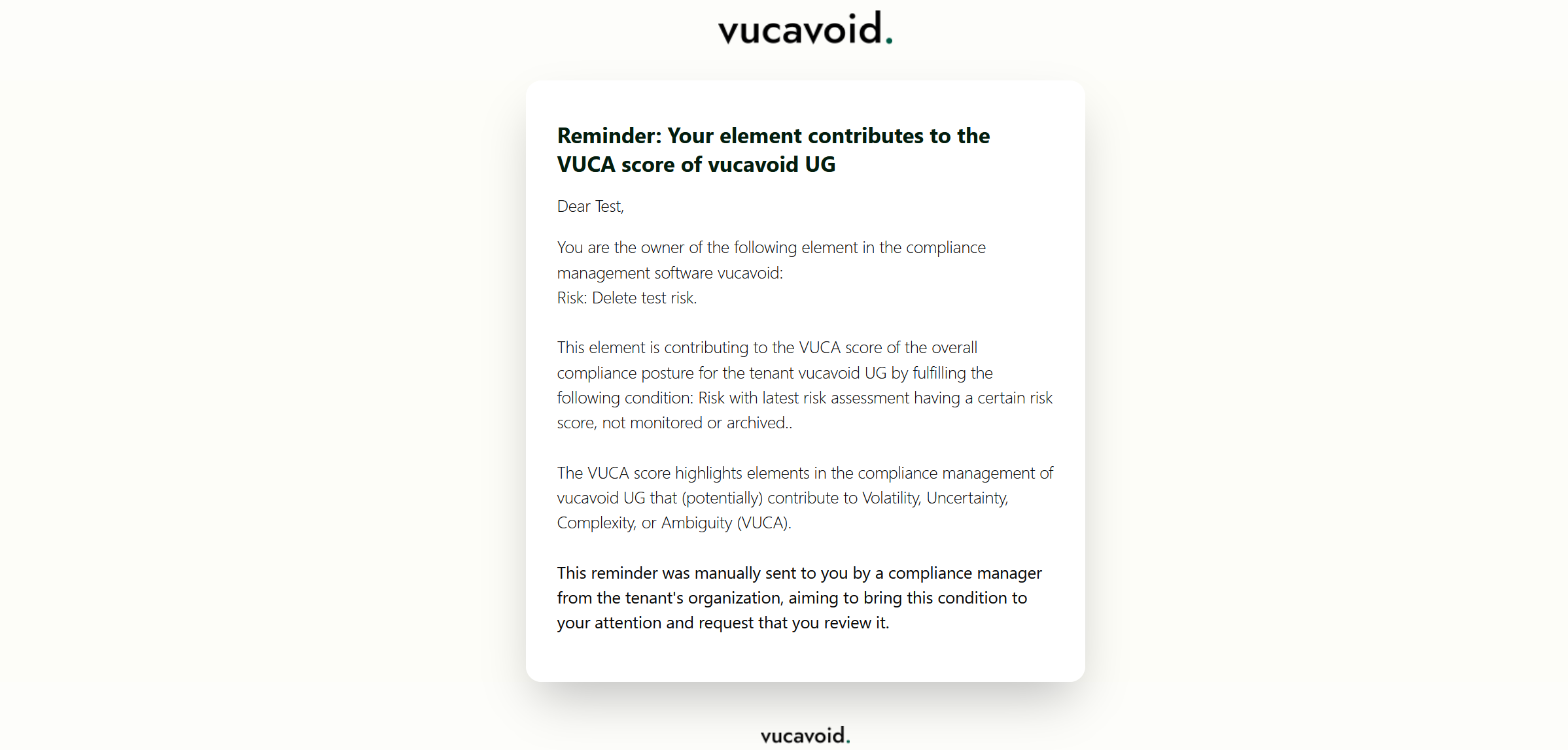 VUCA score: Reminder email for the owner of affected entity (demo data).