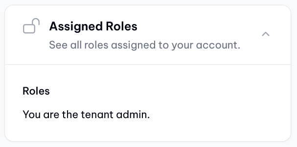 Personal settings: See roles assigned to your account. The application admin is the highest role per tenant in vucavoid (demo data).