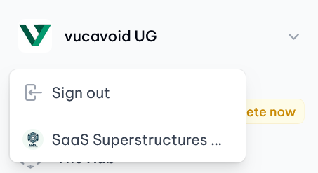 vucavoid navigation: If user is lacking the tenant admin role, the tenant menu is restricted in extent, leaving options to sign out and switch between tenants (if user is active part of multiple tenants, demo data).