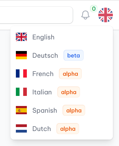 vucavoid navigation: Dropdown menu for language selection.