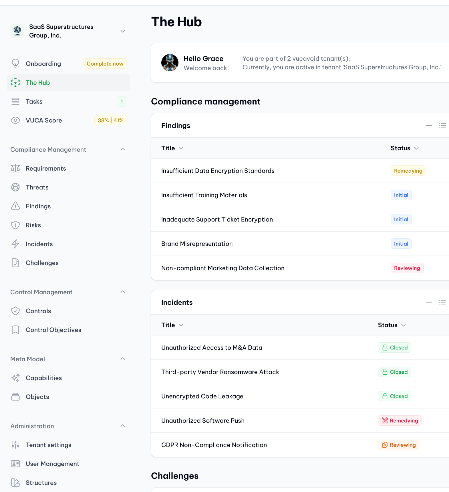 vucavoid navigation: Sidebar navigation for an user with the highest role in a tenant, "Tenant admin" (demo data).