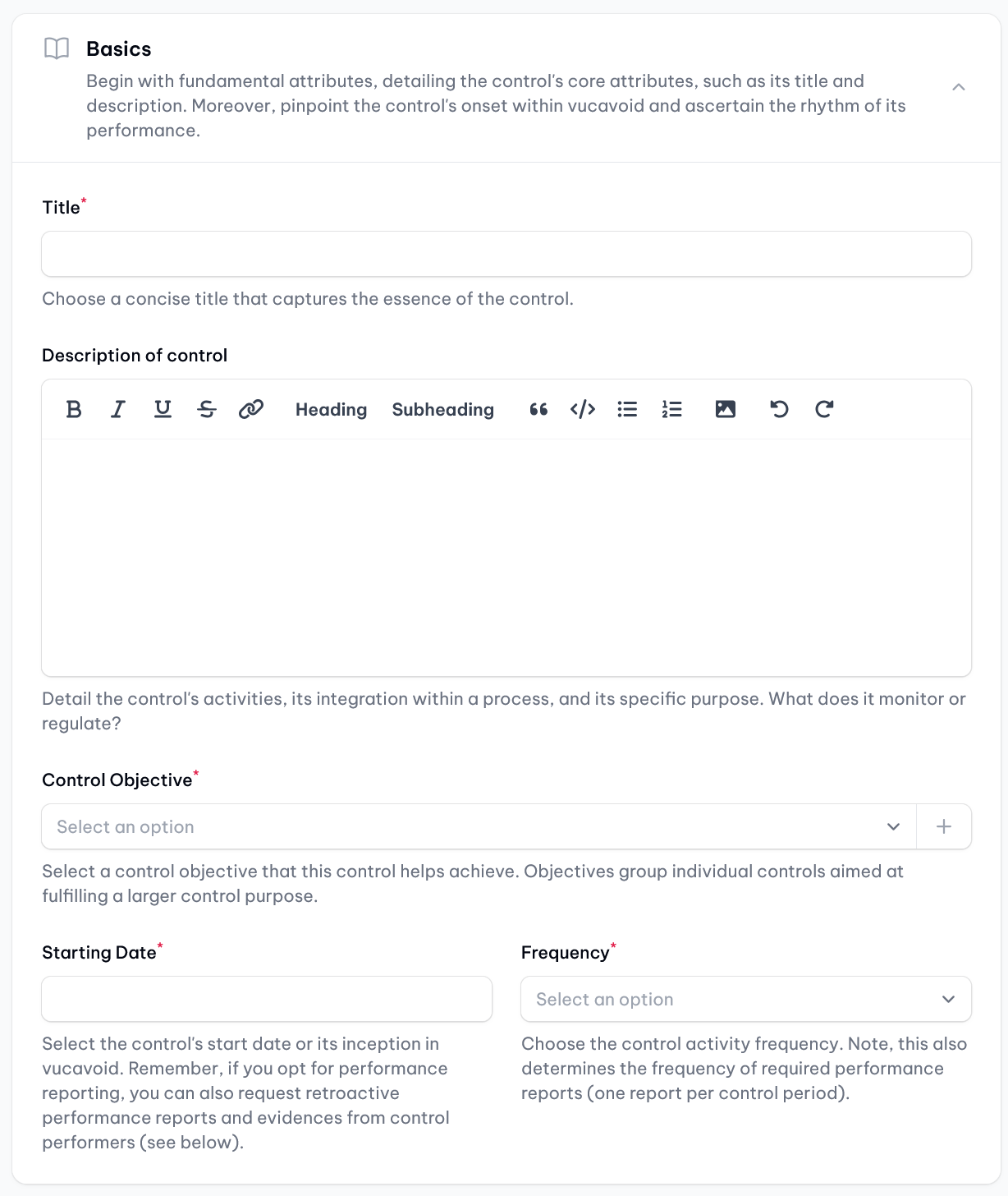 vucavoid controls: Definition of basics per control