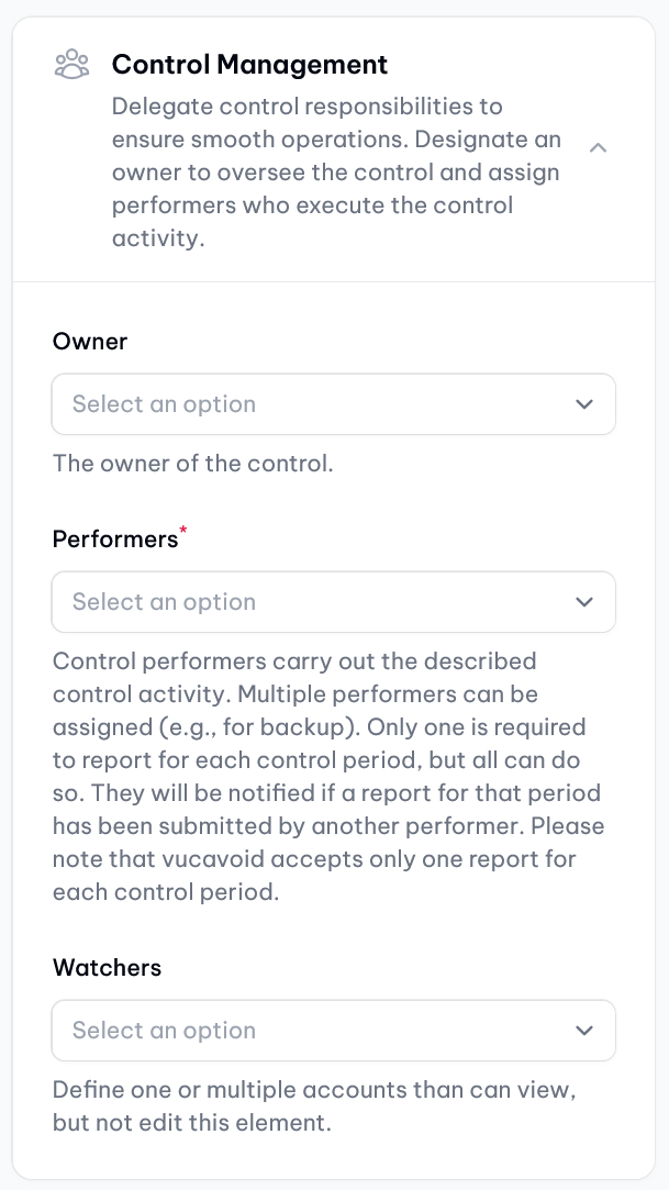 vucavoid controls: Definition of users being accountable and/or responsible per control.