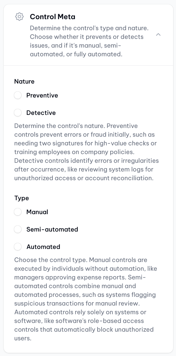 vucavoid controls: Definition of the nature and type per control.