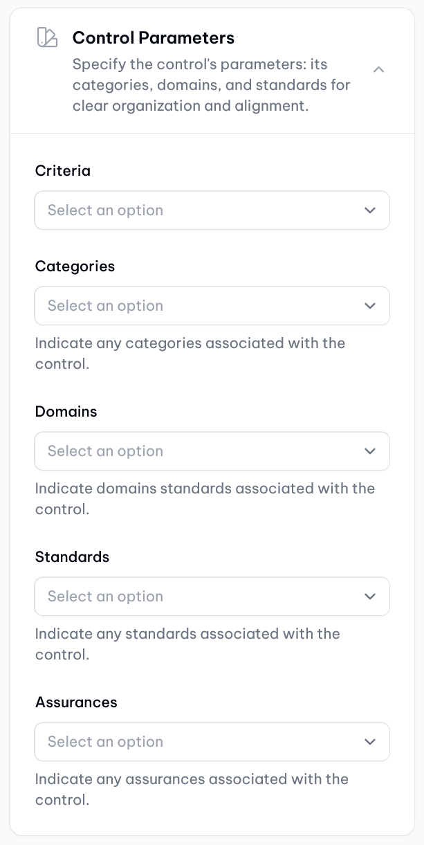 vucavoid controls: Selection of mutliple compliance- and control-relevant attributes (e. g. managing affiliation to assurances like a certification or a SOC report).