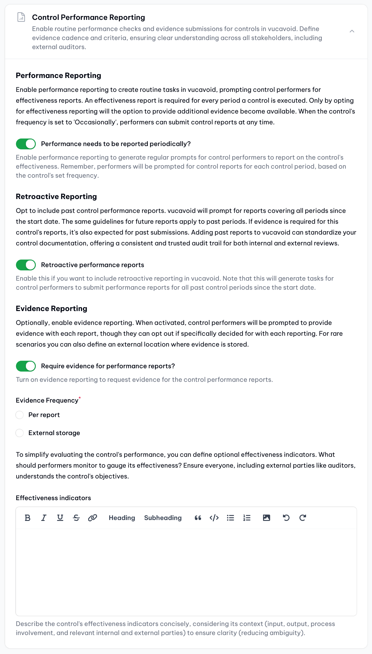 vucavoid controls: Configuration of the performance reporting per control