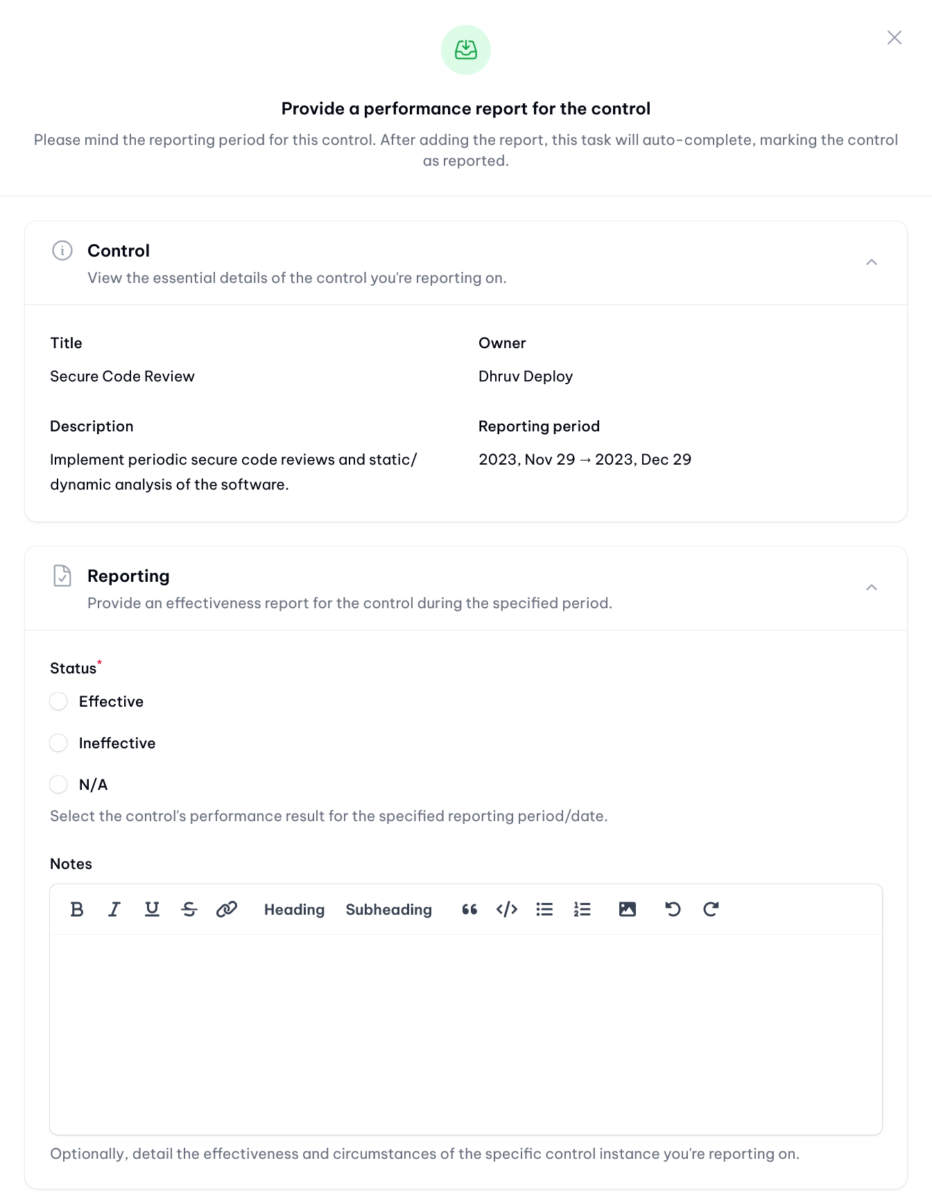 vucavoid control performance reporting: Control performers can directly from the task report on the control's performance - part 1 of 3 (demo data).