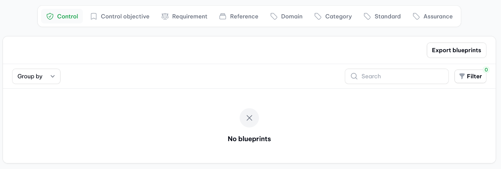 vucavoid blueprints: Overview over personal blueprints (empty demo data in screenshot).