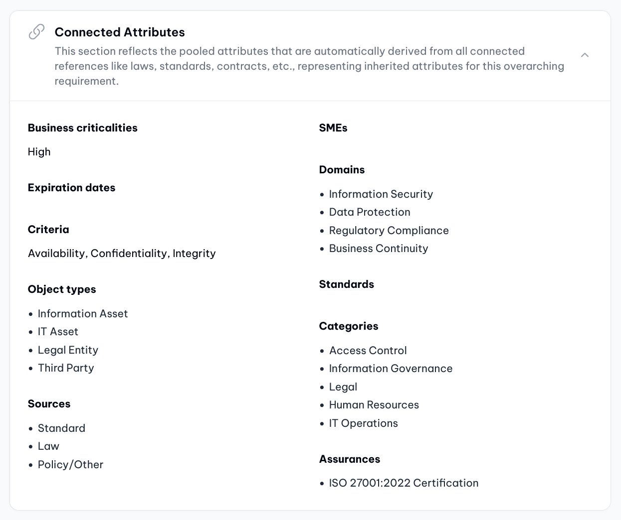 vucavoid requirements: Pooled attributes from multiple references into a single requirement (cluster) of a tenant (demo data).