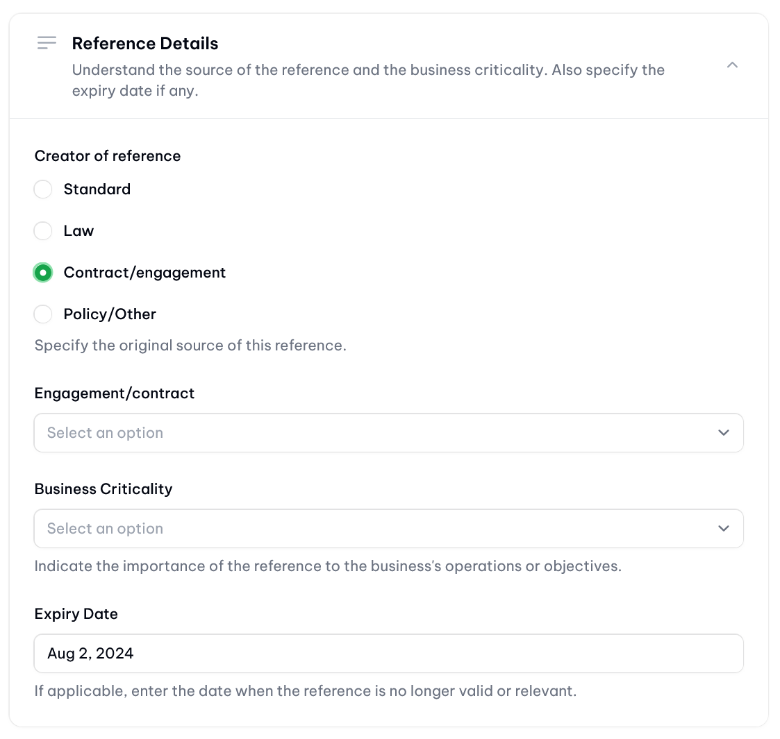 vucavoid requirements: Detailed attributes of a reference, showing different detail field based on its main source (Contract/engagment as demo value selected in screenshot).