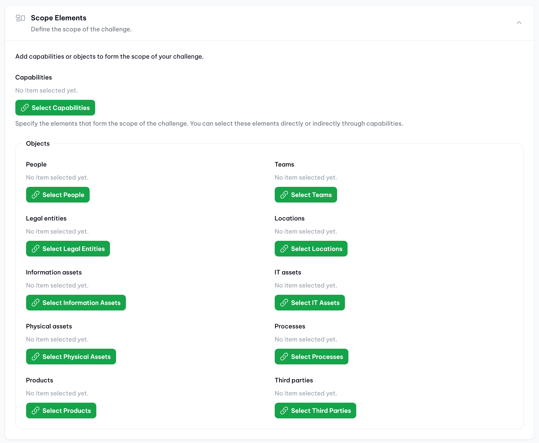 vucavoid challenges: Scope elements for a challenge in vucavoid. Here for the challenge type 'Requirements'. If type 'Threat' is selected, only IT assets are applicable.