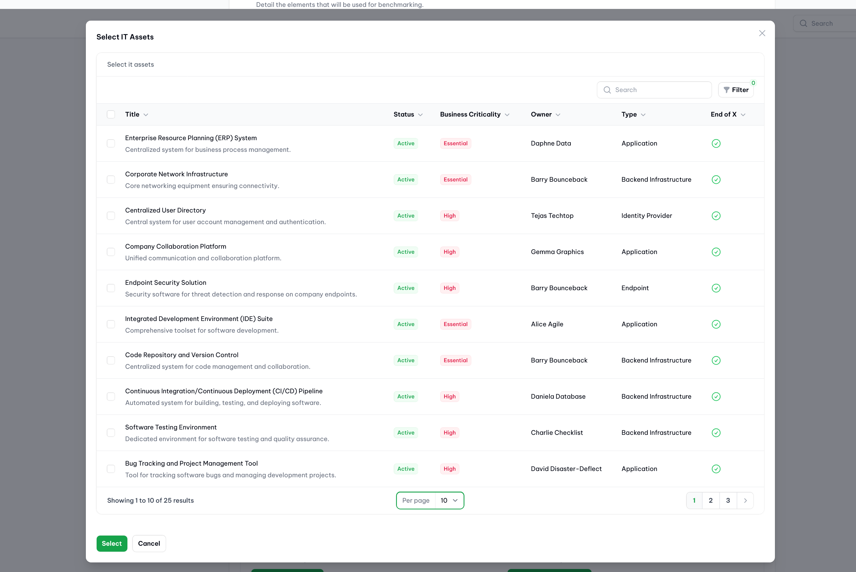 vucavoid challenges: Selecting  IT assets (exemplary) as scope elements for a specific challenge (demo data).